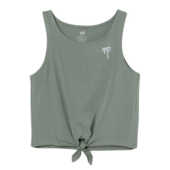 H&M Basic Tank Top Girls 16/18 Green Knotted Hem Cropped Palm Tree Embroidered - Picture 2 of 9